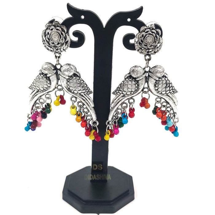 Oxidised Silver Plated Multicolor Double Peacock Dangler Earring