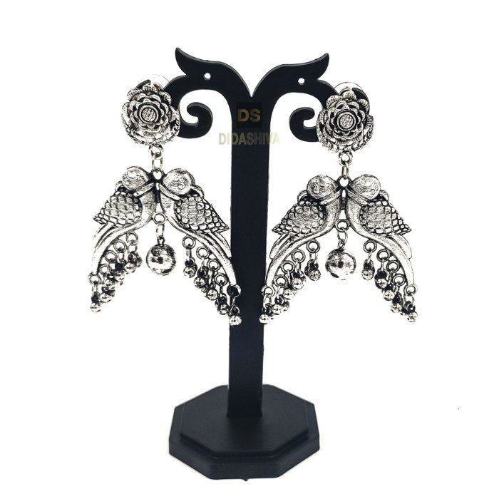 Oxidised Silver Plated Double Peacock Dangler Earring