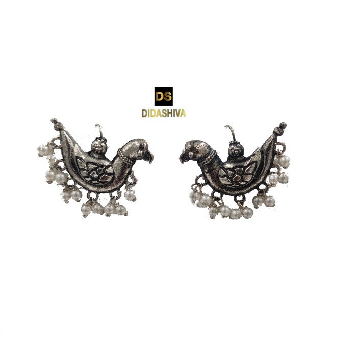 Oxidized German Silver Parrot Birds Earrings with Pearls