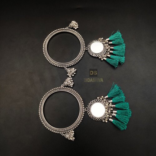 Oxidised Silver Plated Bangle Set with Mirror Thread Latkan