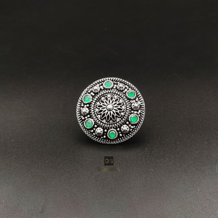 German Silver High Quality Green Stone Adjustable Finger Ring