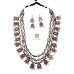 Oxidised Silver Plated Pink and Yellow stone Tribal Chain long Necklace with Earrings